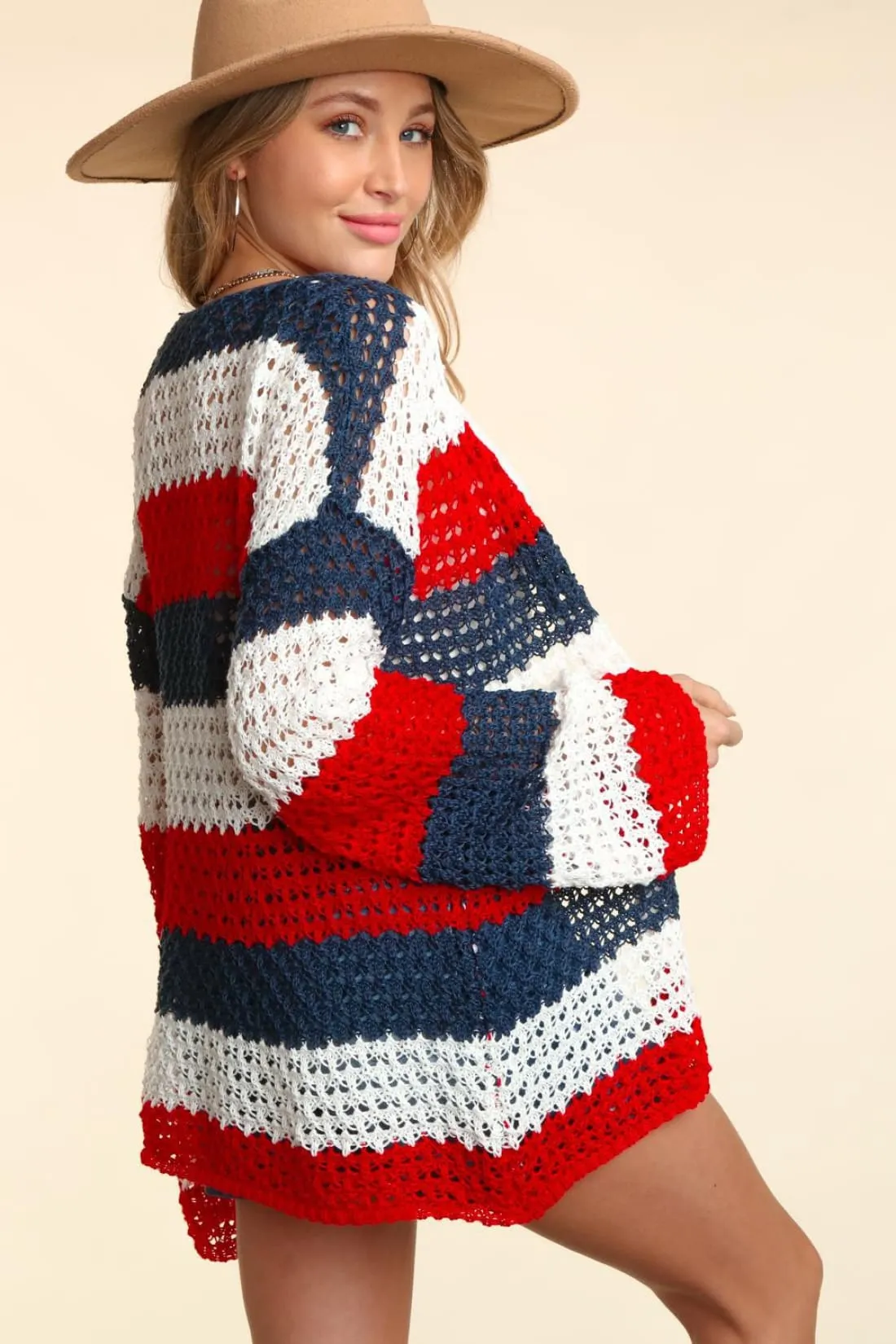 July 4 Red White Blue Open Front Long Sleeve Stripe Cardigan
