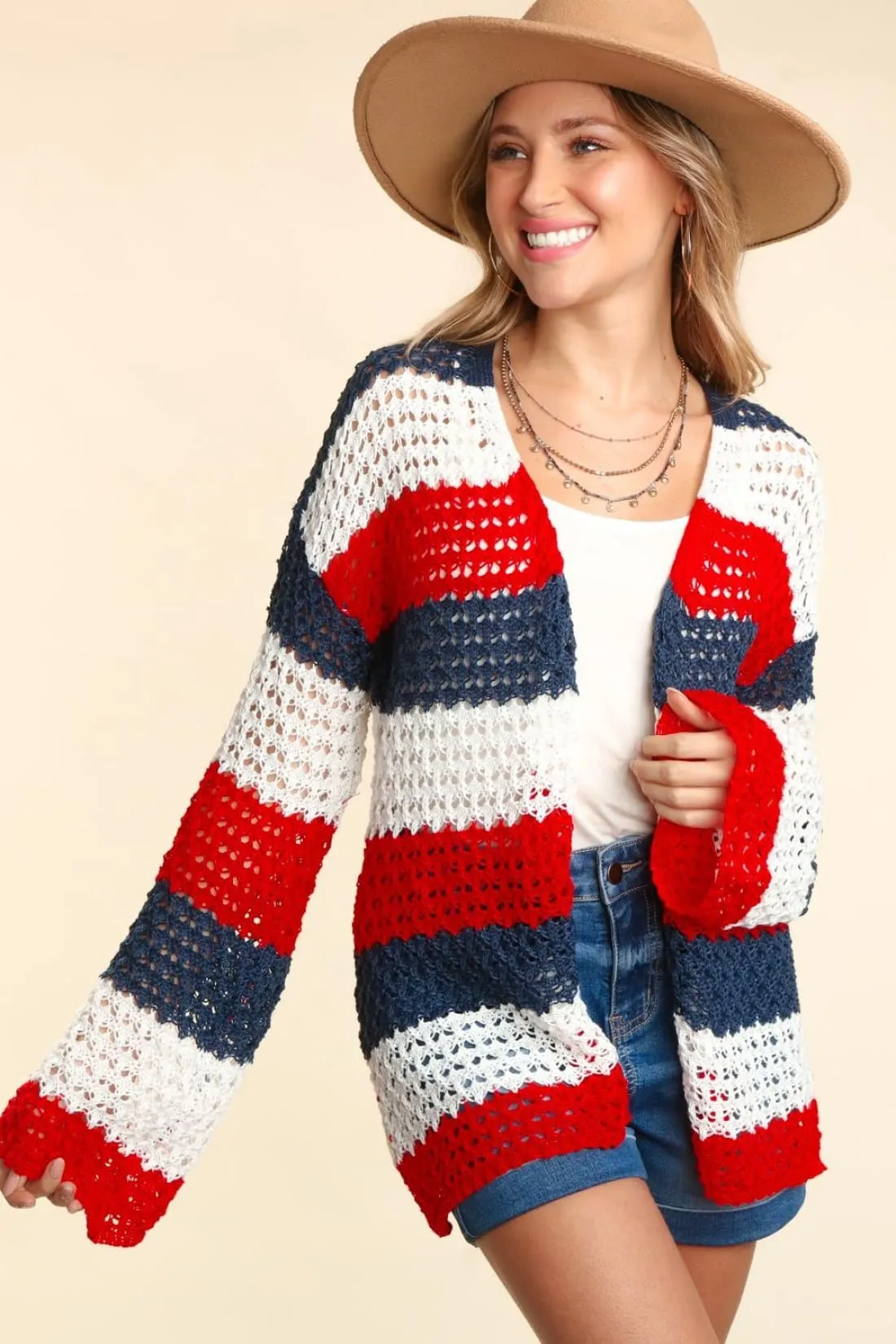 July 4 Red White Blue Open Front Long Sleeve Stripe Cardigan