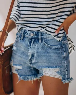Just The Way Wash Distressed High-Waisted Shorts - Light Blue