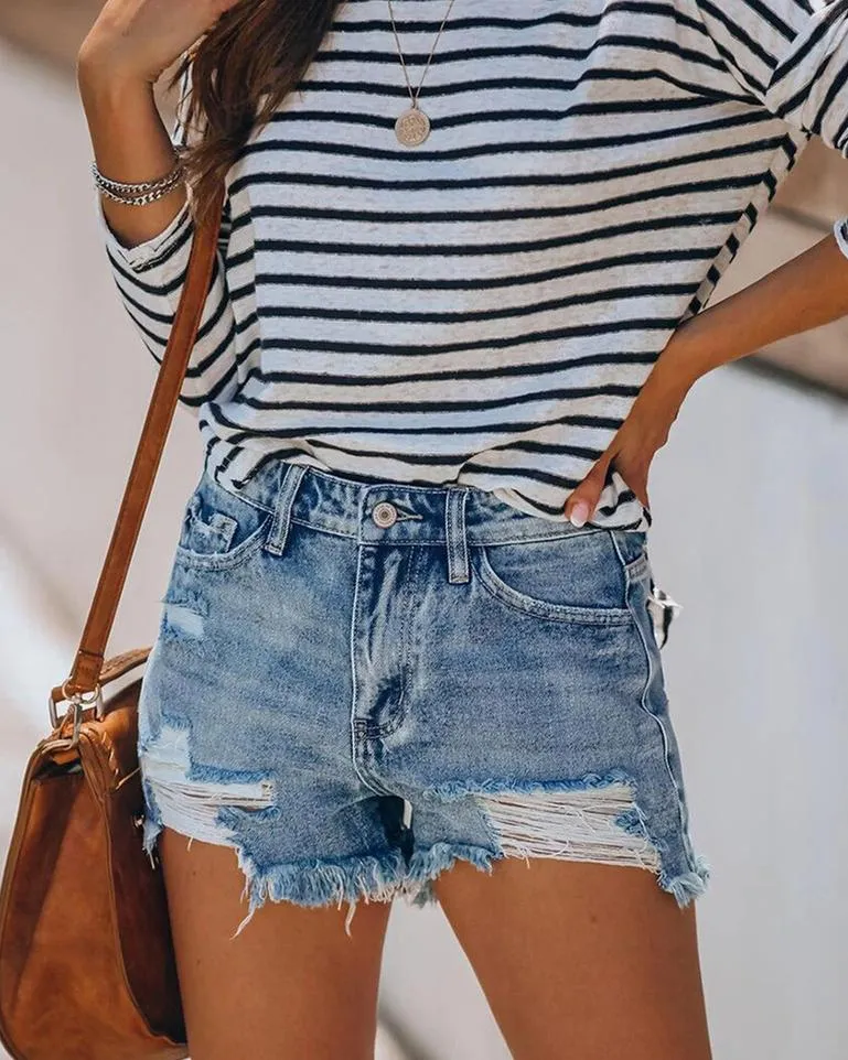 Just The Way Wash Distressed High-Waisted Shorts - Light Blue