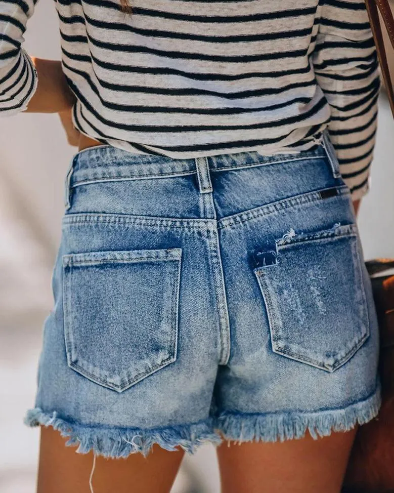 Just The Way Wash Distressed High-Waisted Shorts - Light Blue