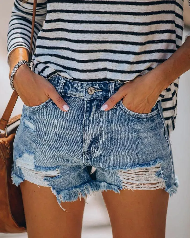 Just The Way Wash Distressed High-Waisted Shorts - Light Blue