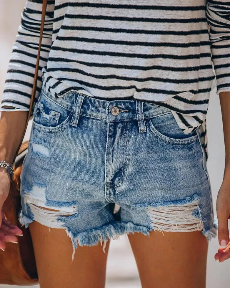 Just The Way Wash Distressed High-Waisted Shorts - Light Blue