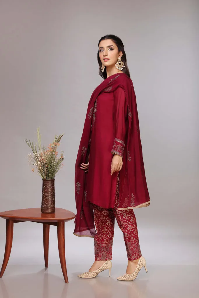 Kameez Trouser Dupatta Pakistani Party Dress in Net