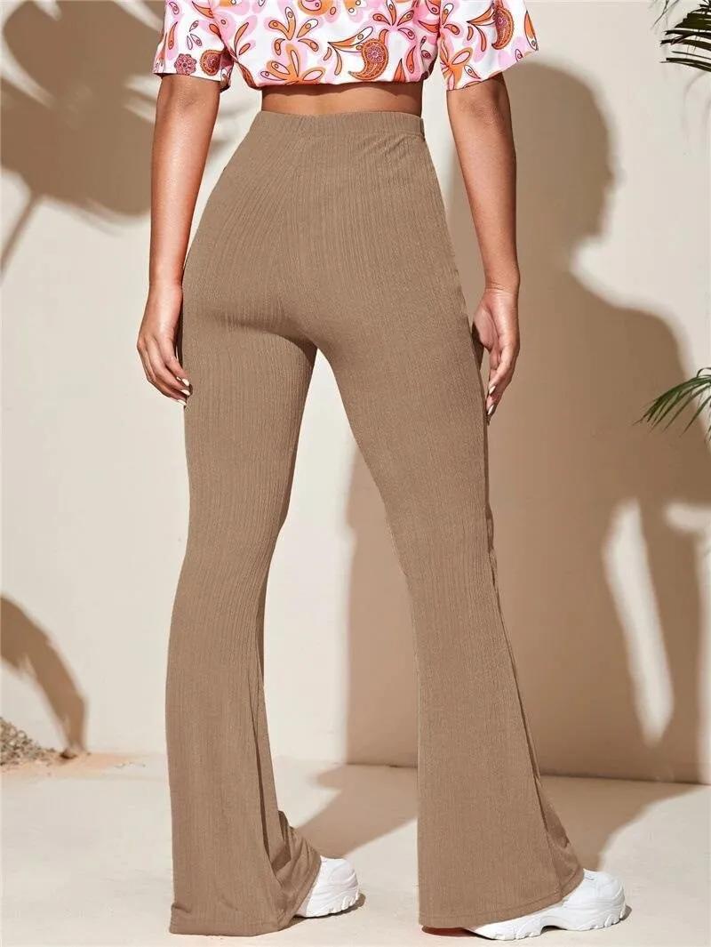 Khaki Ribbed Flared Pants