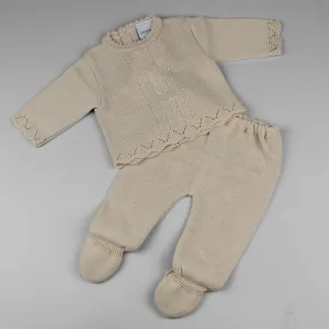 Knitted Baby Outfit - Beige Cable Lace Trim Top and Trousers