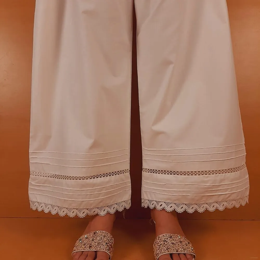 Laces embellished Soft Cotton Palazzo - White - PT10