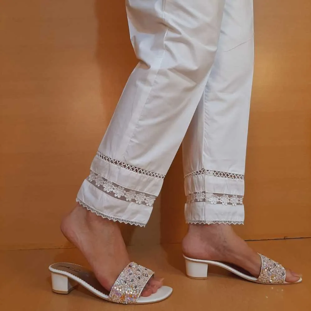 Laces embellished Soft Cotton Trouser - White - PT06