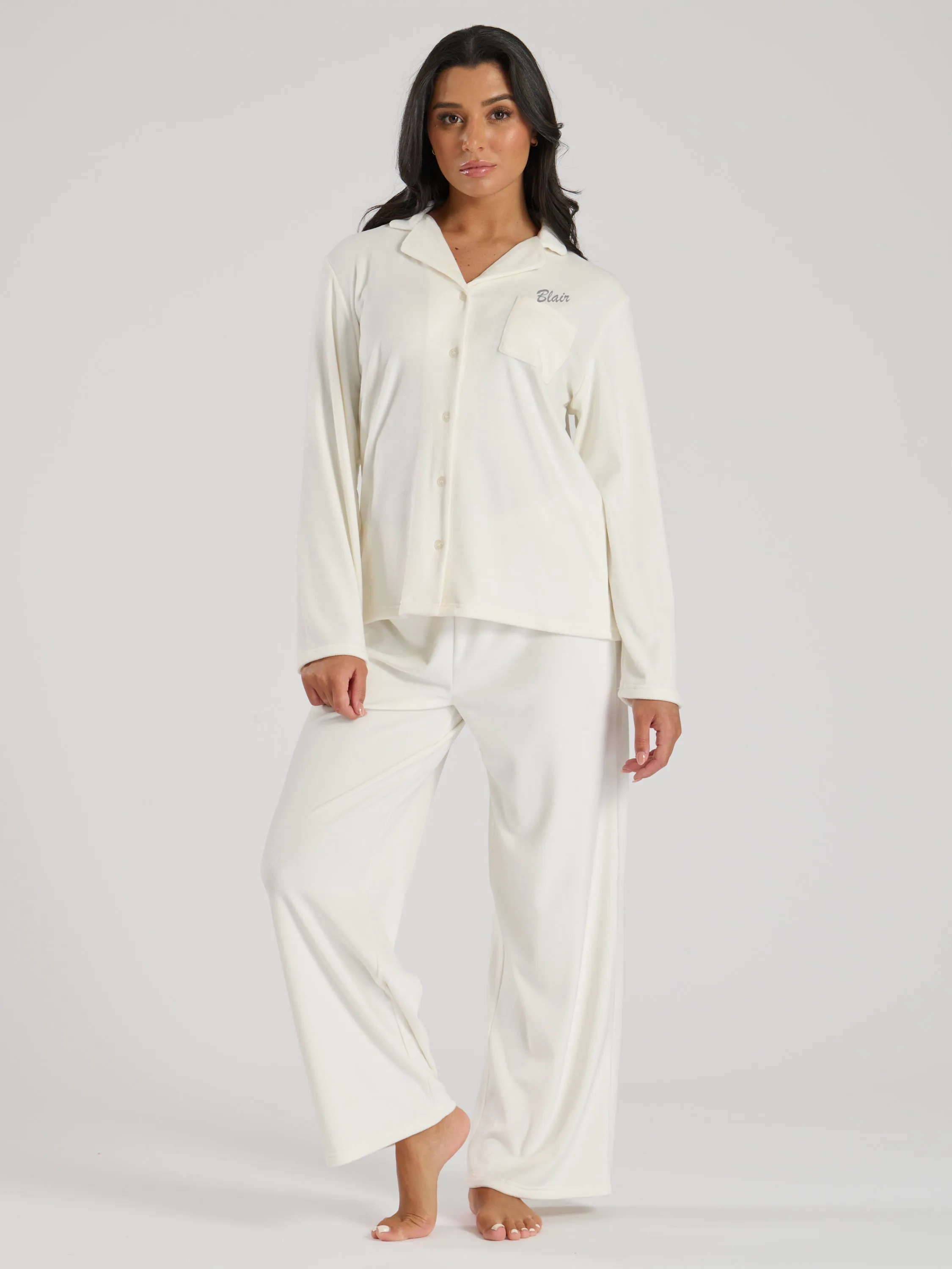 Ladies personalised velour long personalised pyjama set Cream