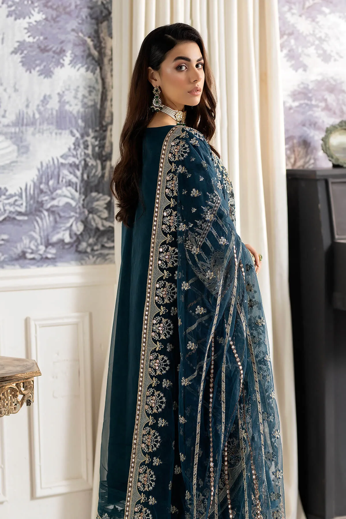 Latest Teal Blue Embroidered Pakistani Party Dress