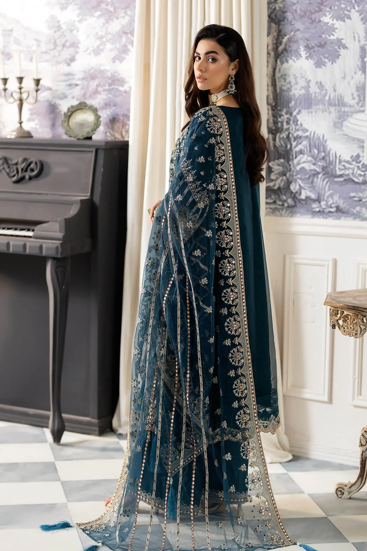 Latest Teal Blue Embroidered Pakistani Party Dress