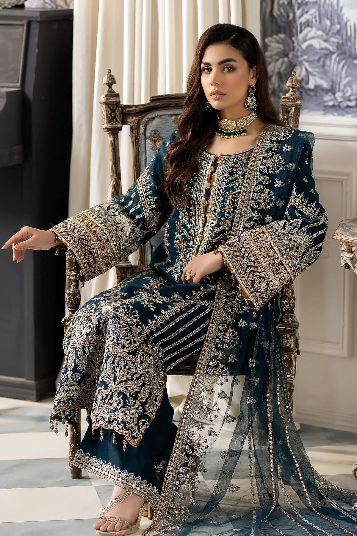 Latest Teal Blue Embroidered Pakistani Party Dress