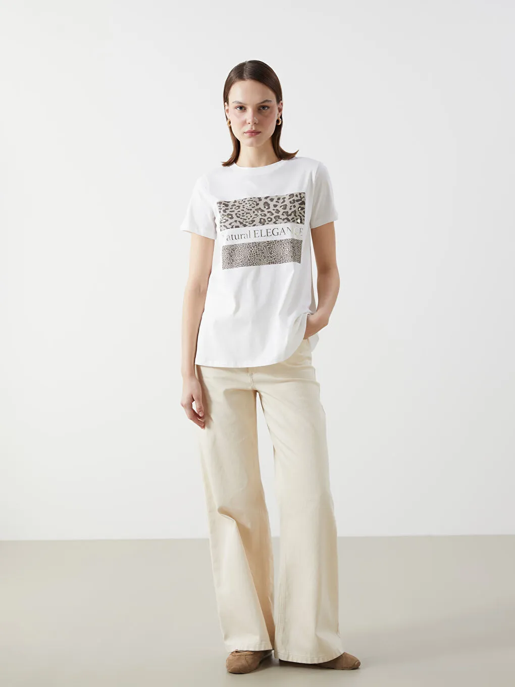 LCW Comfort Ecru Crew Neck Leopard Patterned Women T-Shirt