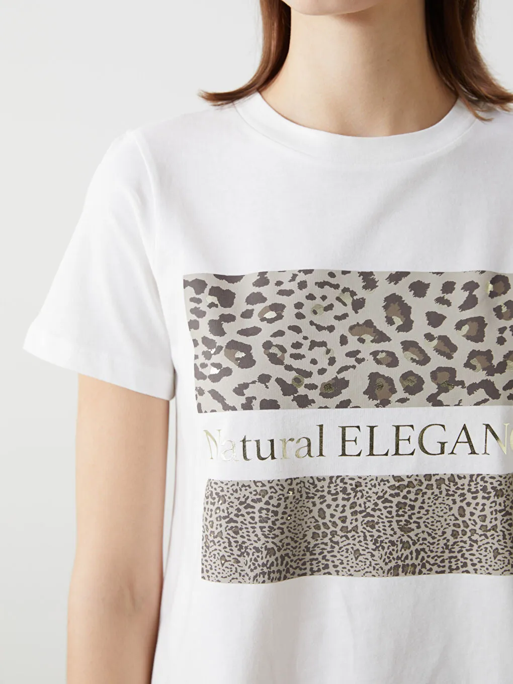 LCW Comfort Ecru Crew Neck Leopard Patterned Women T-Shirt
