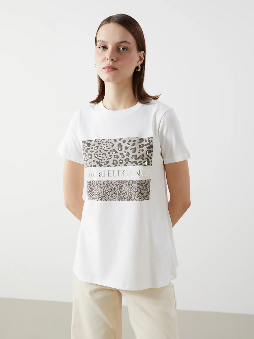 LCW Comfort Ecru Crew Neck Leopard Patterned Women T-Shirt