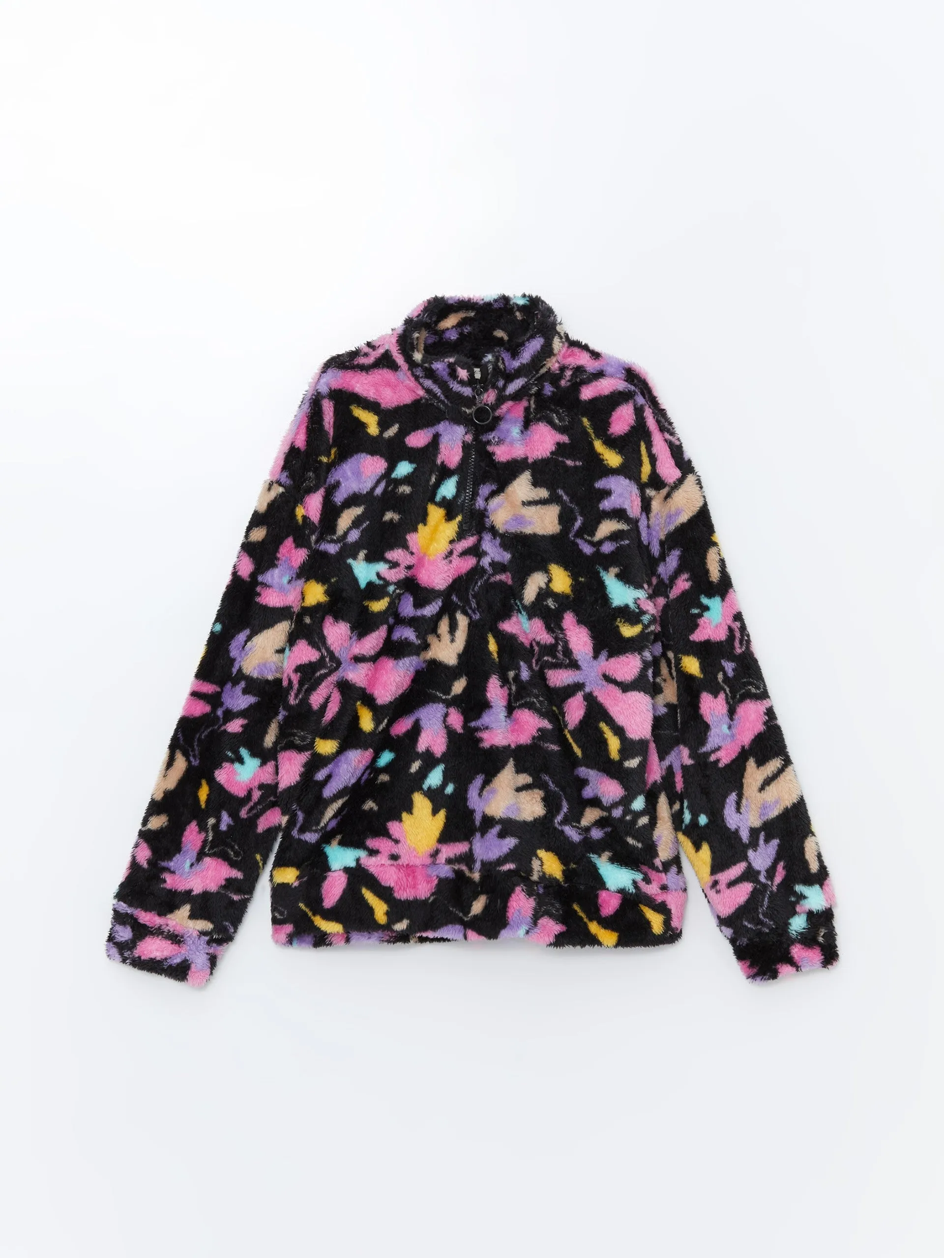 Lcw Kids Black Stand Collar Plush Girls Zippered Sweatshirt