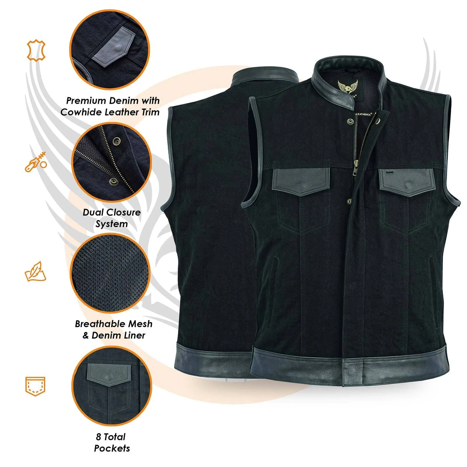 Leatherick Anarchy Club Trim Denim Leather Vests