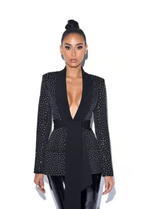 “LEDYS” CRYSTAL EMBELLISHED BLACK BLAZER JACKET.
