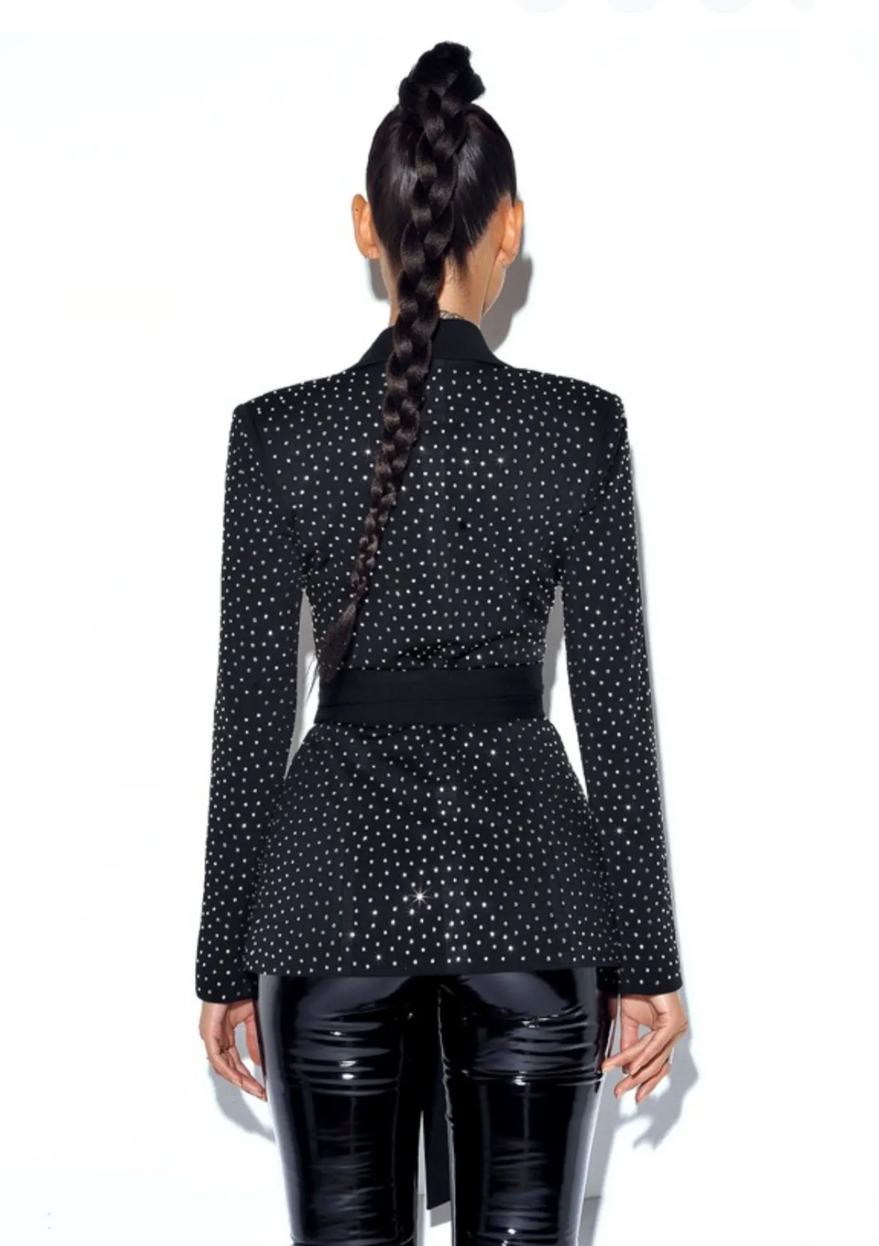 “LEDYS” CRYSTAL EMBELLISHED BLACK BLAZER JACKET.