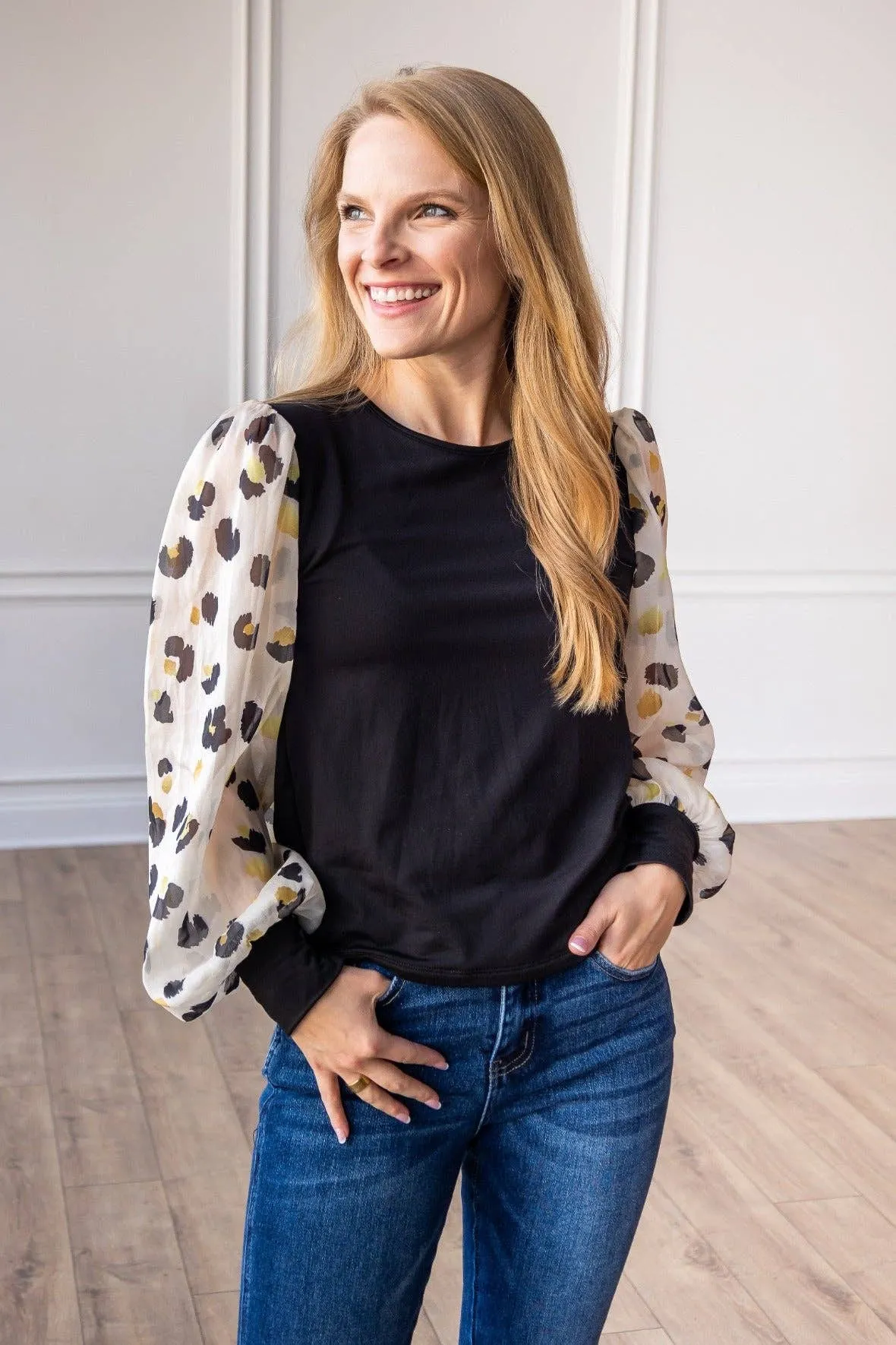 Leopard Dream Balloon Sleeve Top: Black