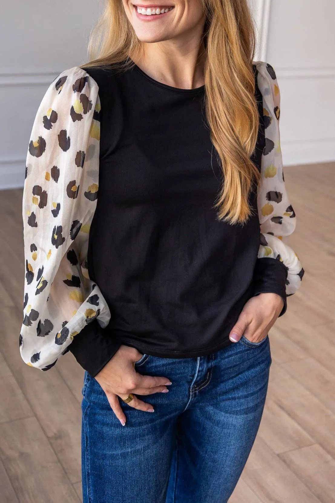 Leopard Dream Balloon Sleeve Top: Black