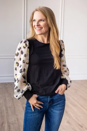 Leopard Dream Balloon Sleeve Top: Black