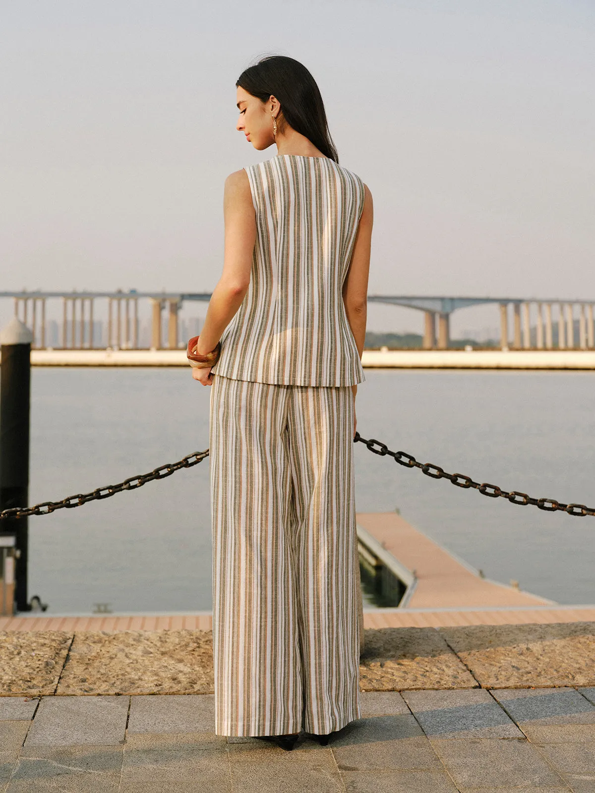 Linen & Cotton Metal Detail V- Neck Striped Vest