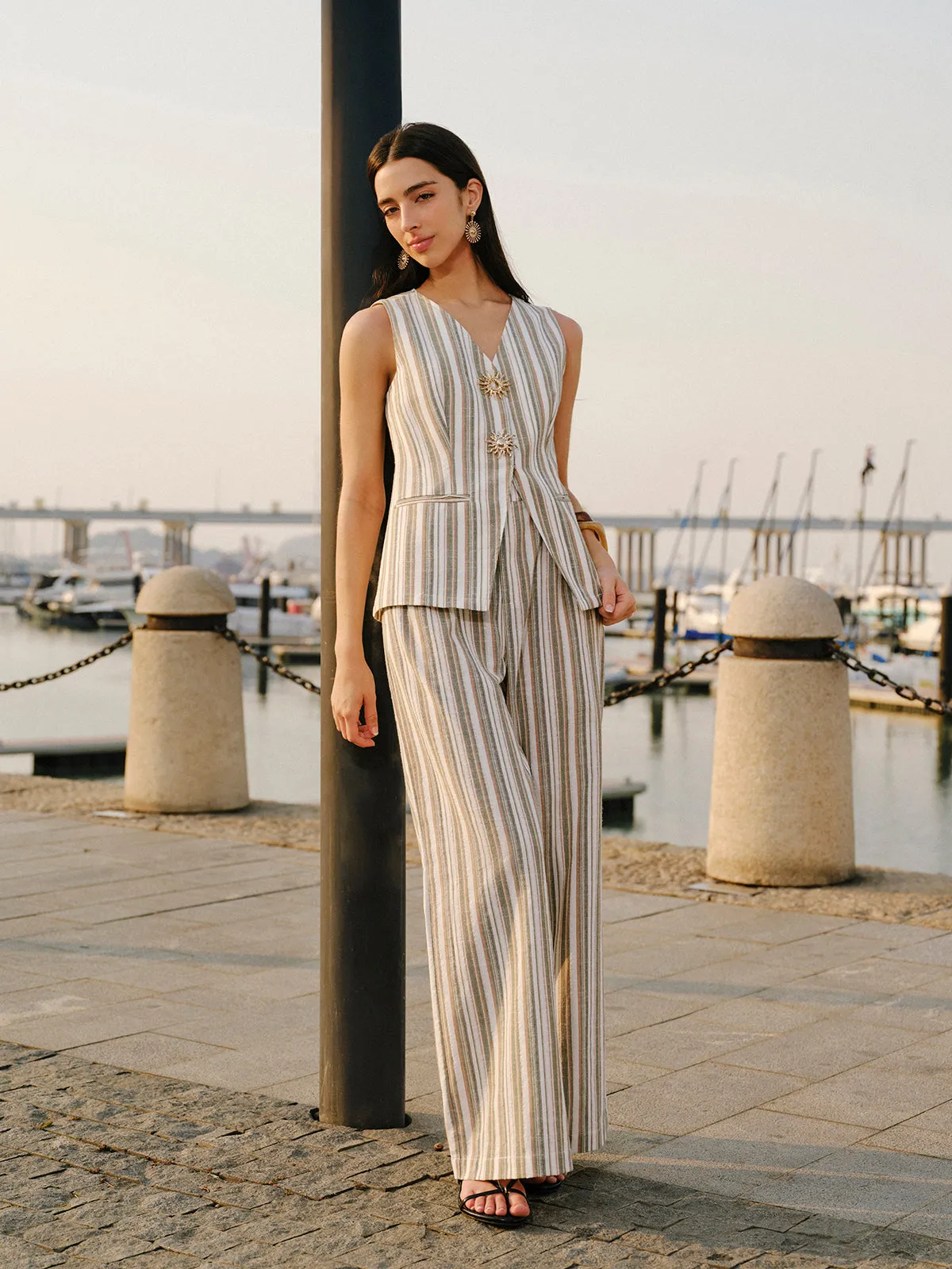 Linen & Cotton Metal Detail V- Neck Striped Vest