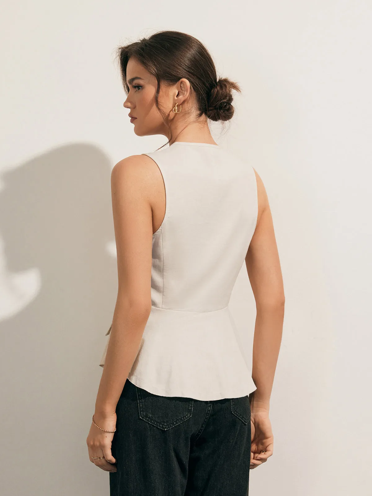 Linen Blends Raw Hem Button Up Vest