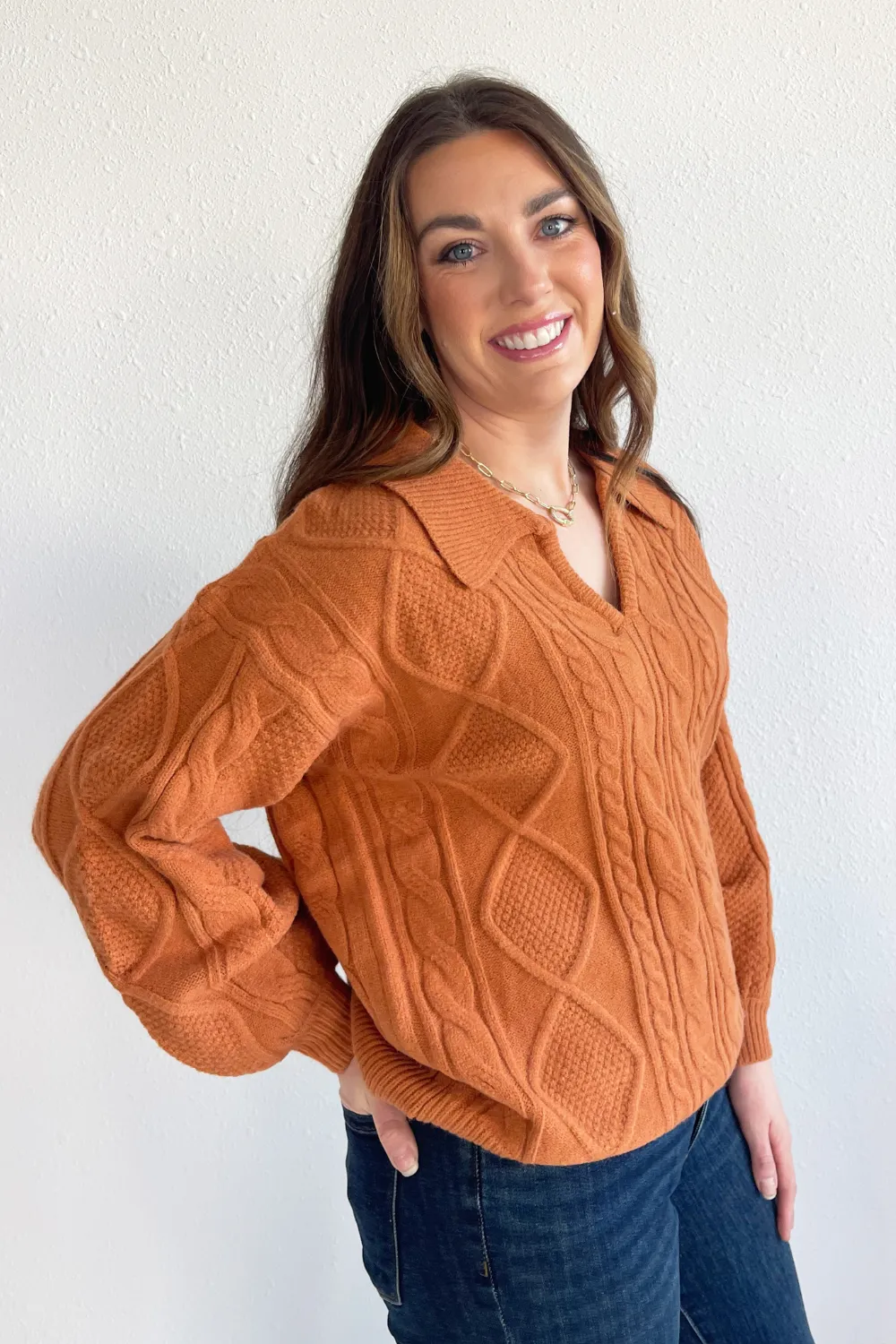 Long Sleeve Collar Cable Knit Sweater