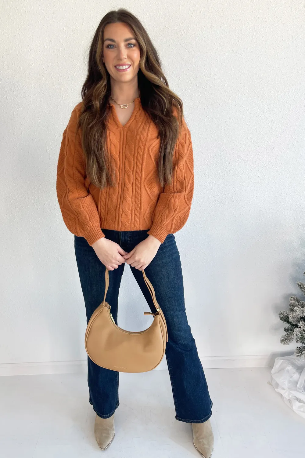 Long Sleeve Collar Cable Knit Sweater