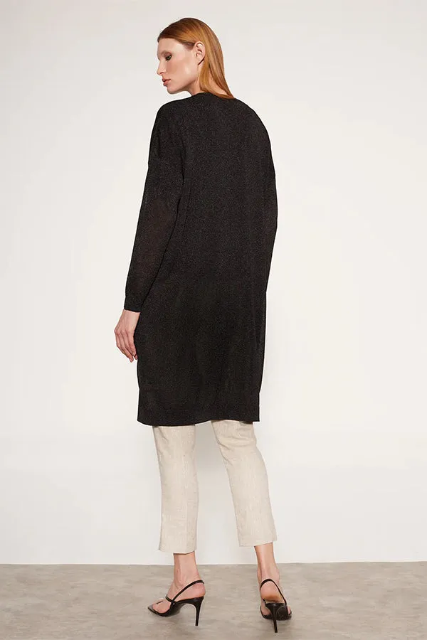LUREX DROPPED ARMHOLES BLACK LONG CARDIGAN