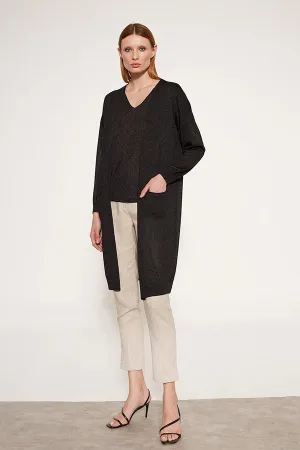 LUREX DROPPED ARMHOLES BLACK LONG CARDIGAN