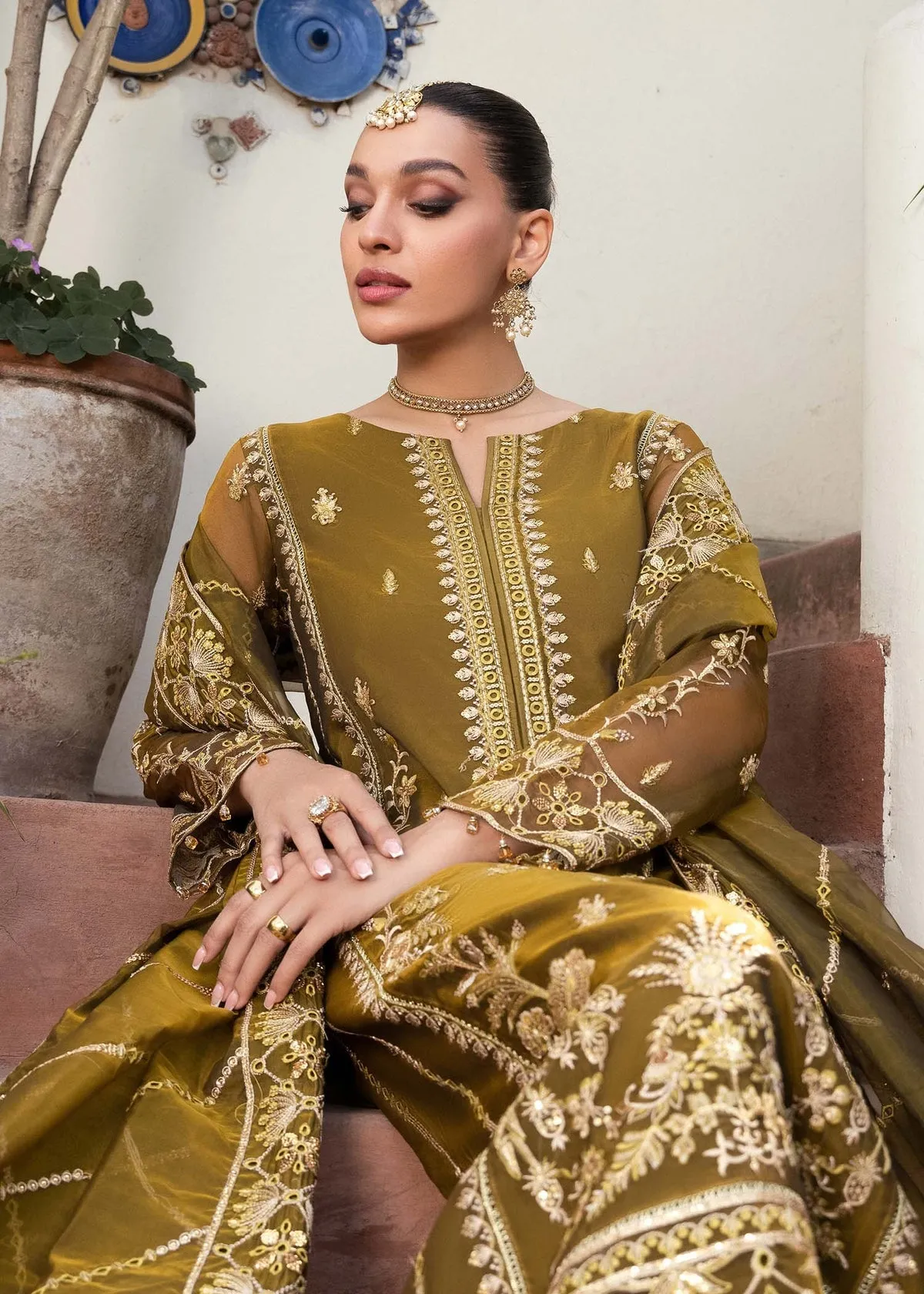 Luxury Embroidered Mehndi Green Pakistani Salwar Kameez Suit