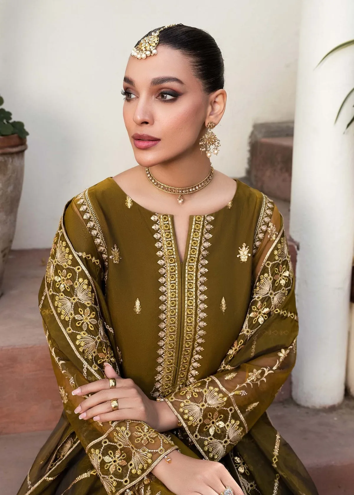 Luxury Embroidered Mehndi Green Pakistani Salwar Kameez Suit