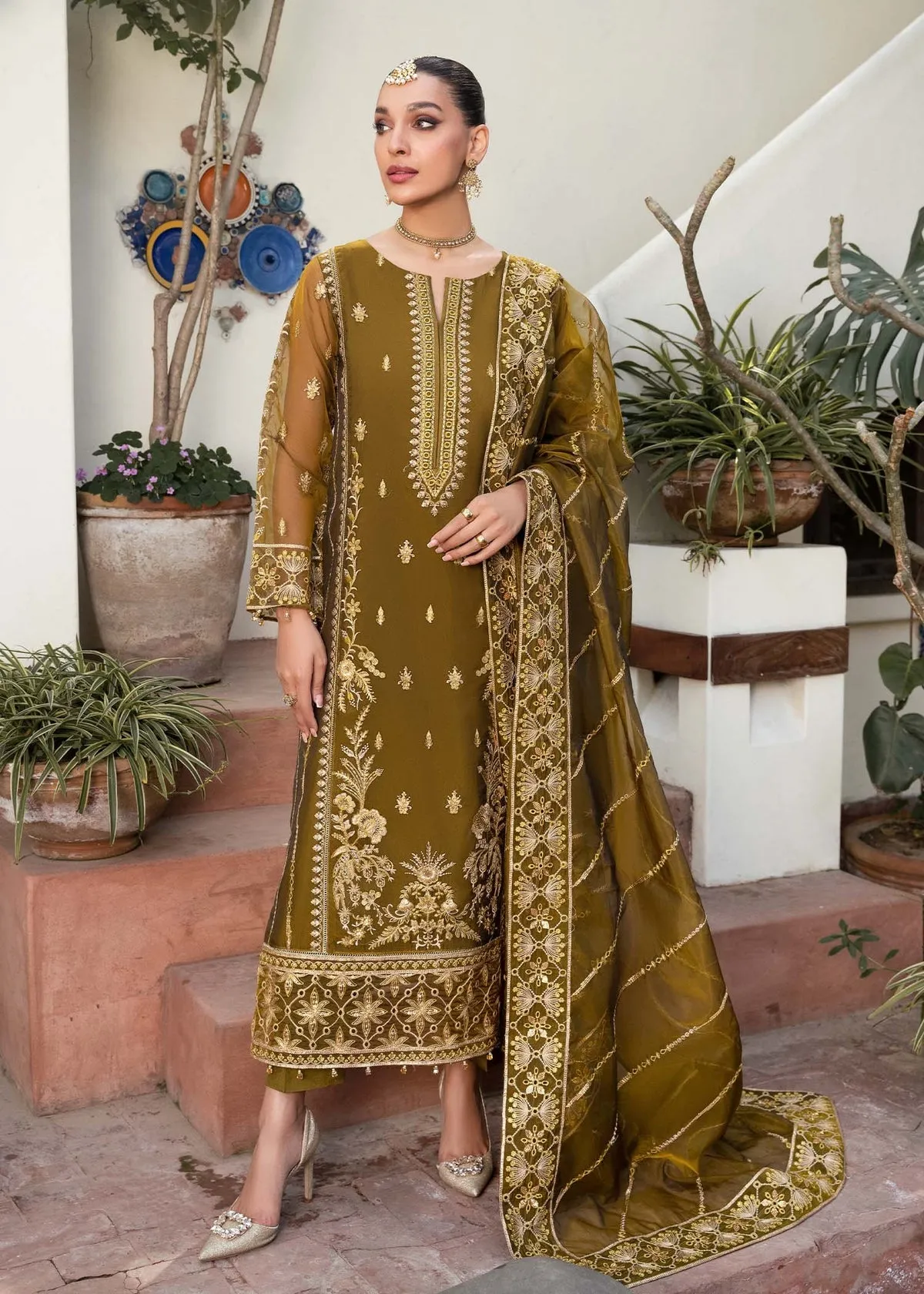 Luxury Embroidered Mehndi Green Pakistani Salwar Kameez Suit