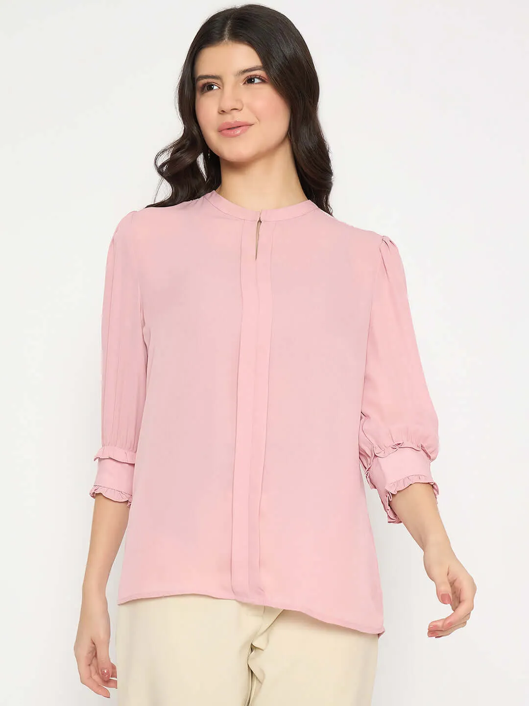 Madame Keyhole Neck Puff Sleeve Pink Top