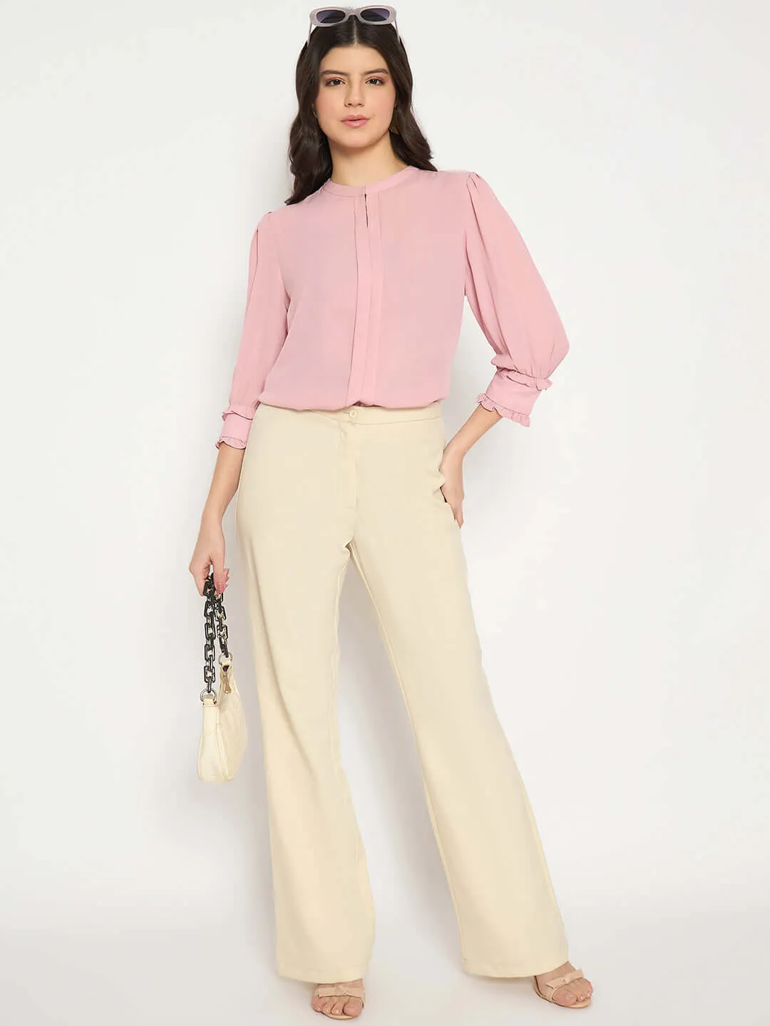 Madame Keyhole Neck Puff Sleeve Pink Top