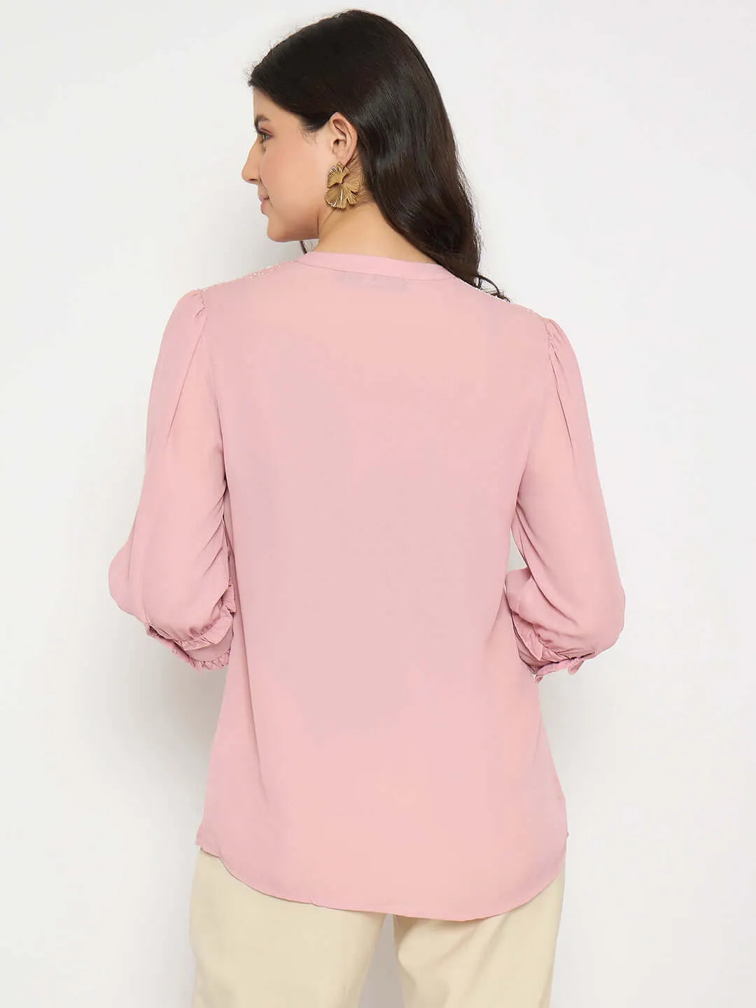 Madame Keyhole Neck Puff Sleeve Pink Top