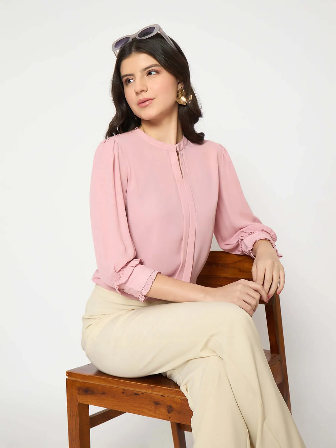 Madame Keyhole Neck Puff Sleeve Pink Top