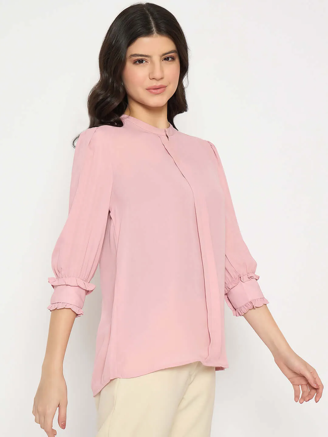 Madame Keyhole Neck Puff Sleeve Pink Top