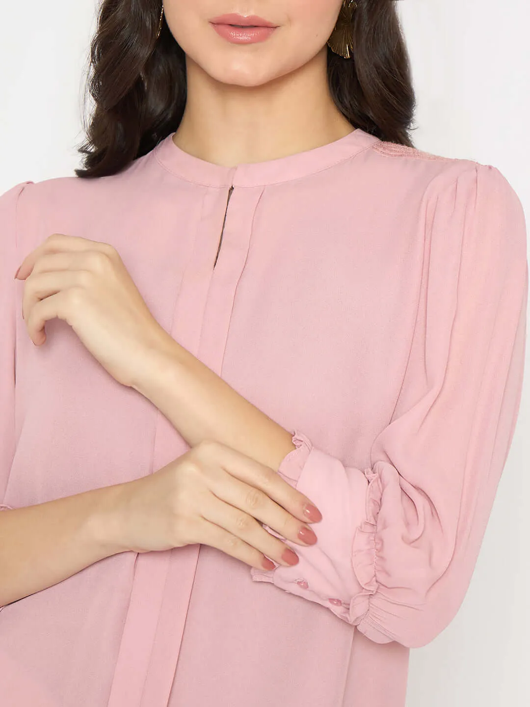 Madame Keyhole Neck Puff Sleeve Pink Top