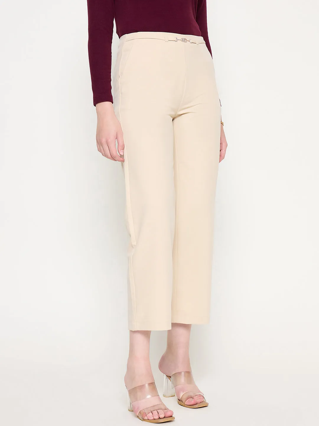Madame Slash Pocketed Straight Fit Belted Solid Ivory Trousers