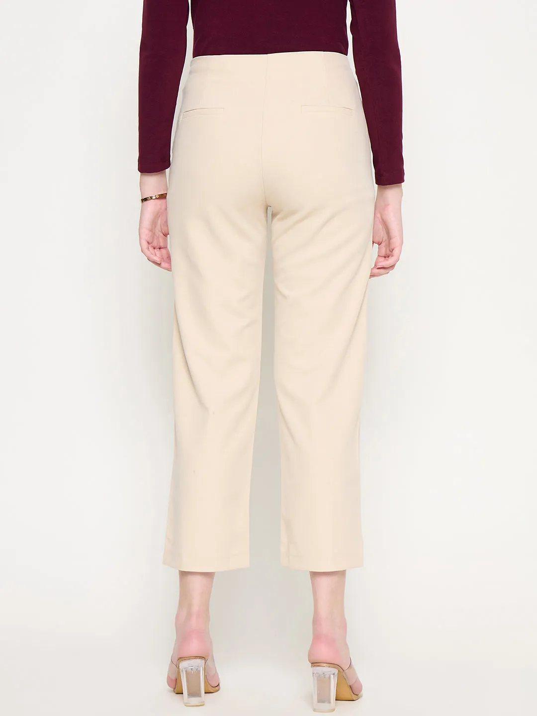 Madame Slash Pocketed Straight Fit Belted Solid Ivory Trousers