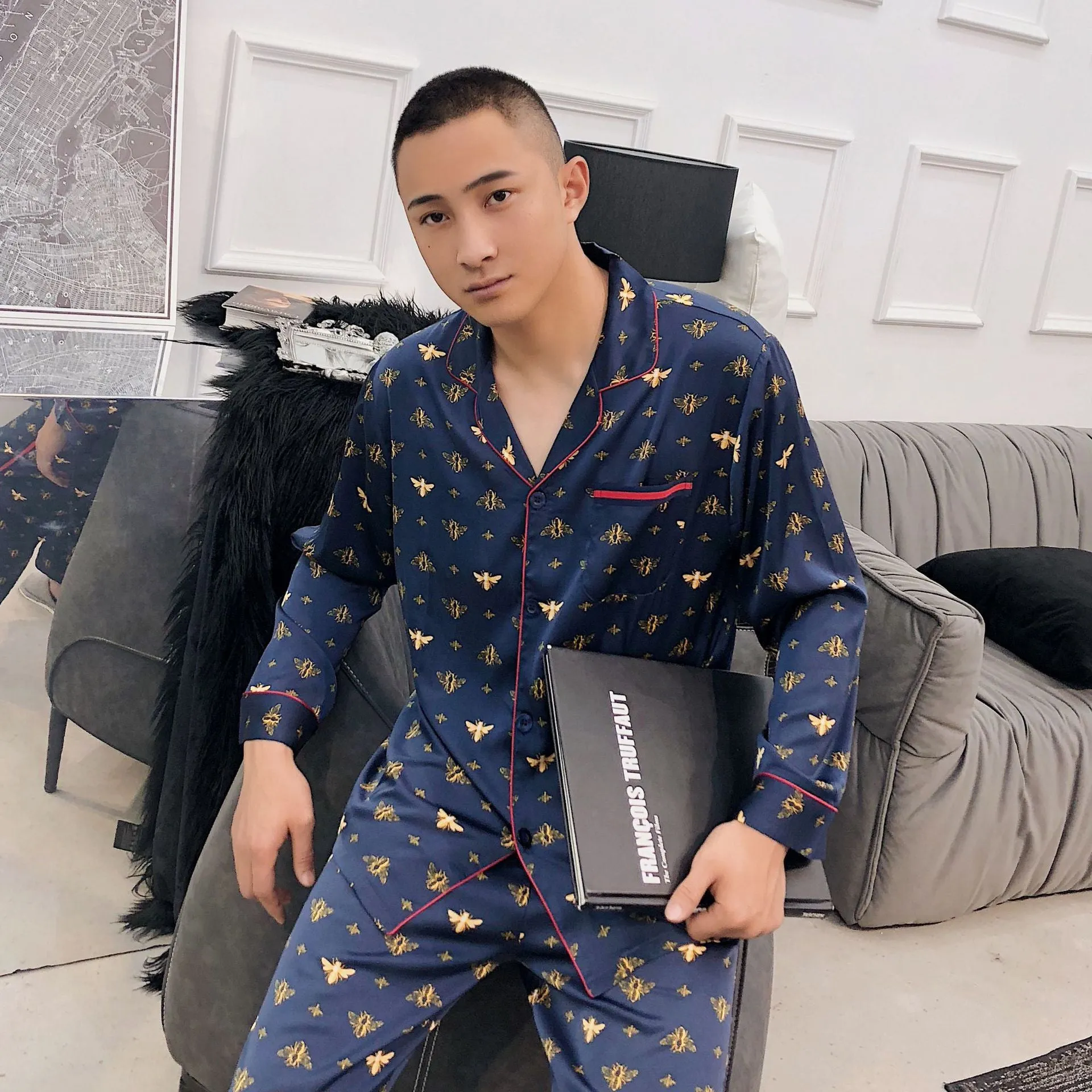 male female long sleeved trousers and silk pajamas