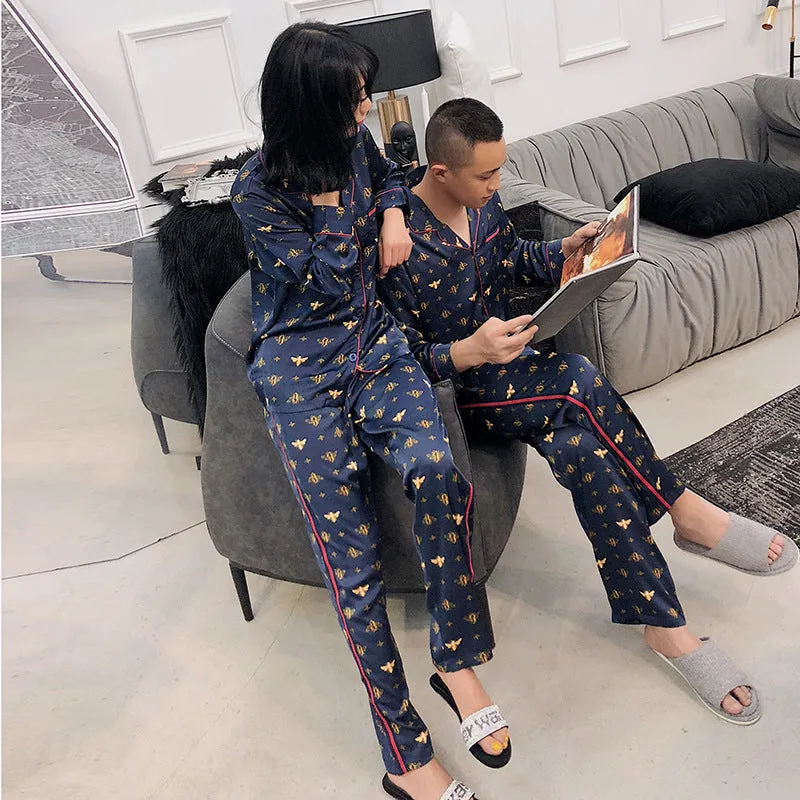 male female long sleeved trousers and silk pajamas
