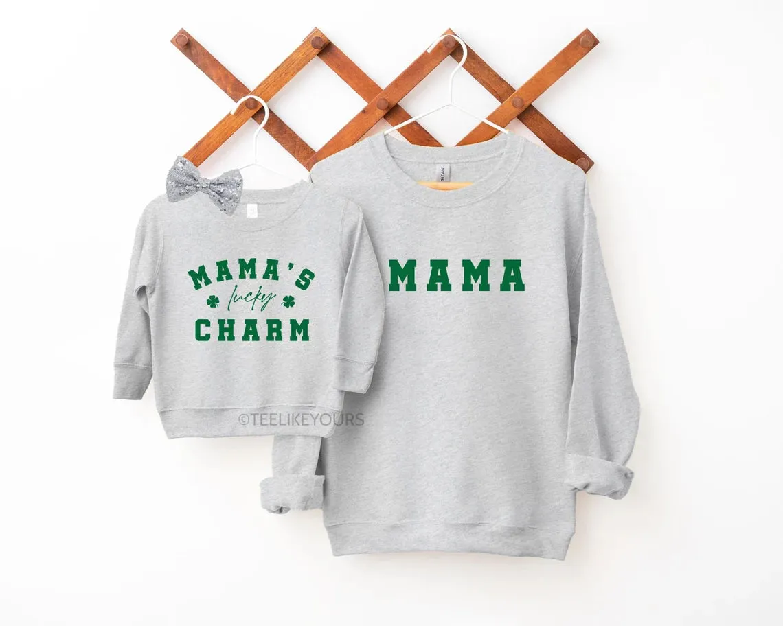 Mama & Mama's Lucky Charm St Patrick's Day Sweatshirts for Mom and Baby. Mommy and Me Outfit, Shamrock Sweatshirts, Baby St Patrick's Day