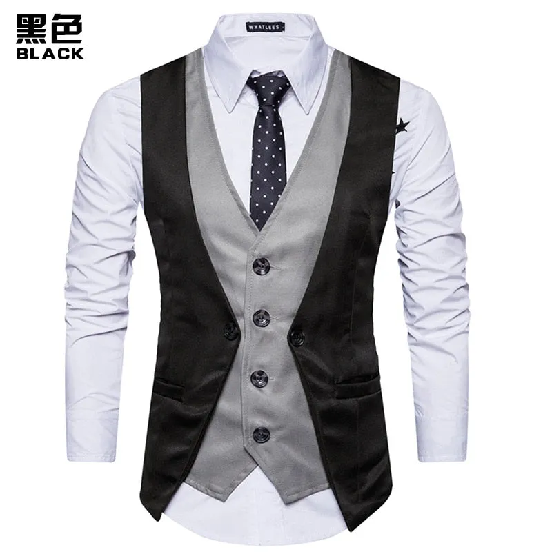 Men Formal Waistcoat Vest Business Solid Color Single Button Vest gilet Fake Two-pieces V Neck Casual S-lim chalecos para hombre