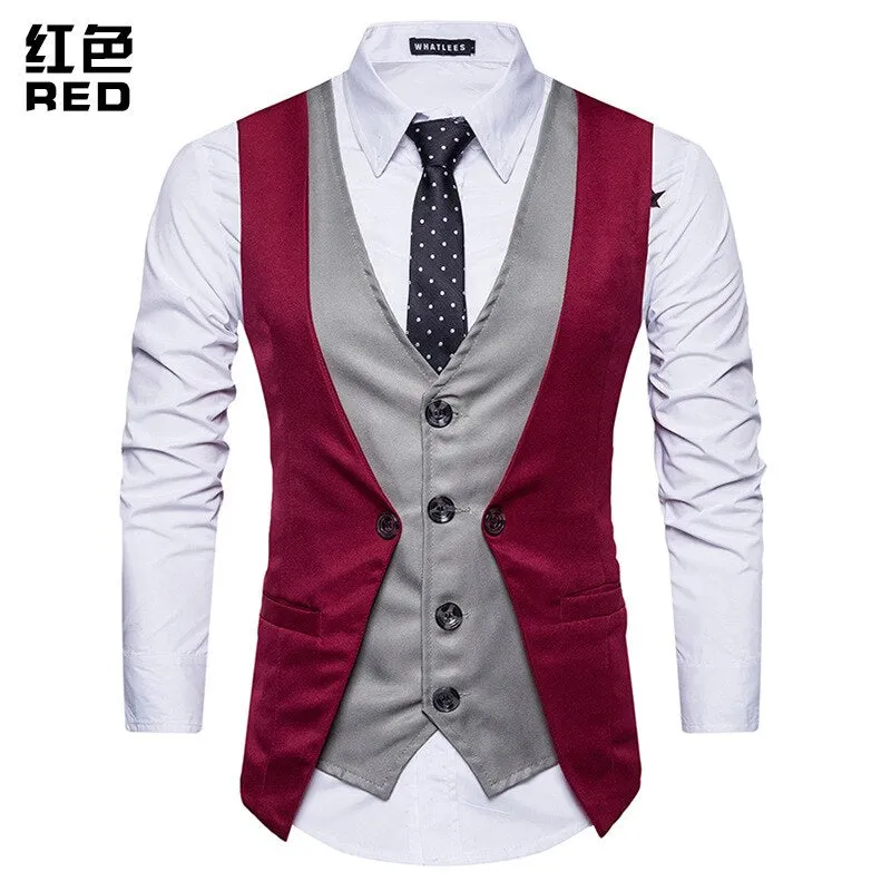 Men Formal Waistcoat Vest Business Solid Color Single Button Vest gilet Fake Two-pieces V Neck Casual S-lim chalecos para hombre