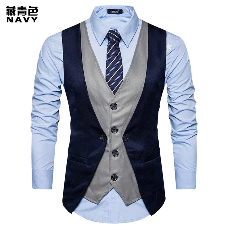 Men Formal Waistcoat Vest Business Solid Color Single Button Vest gilet Fake Two-pieces V Neck Casual S-lim chalecos para hombre